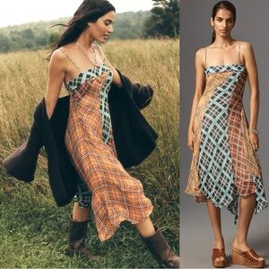 Anthropologie Maeve Sleeveless Asymmetric Plaid Patchwork Midi Slip Dress Medium